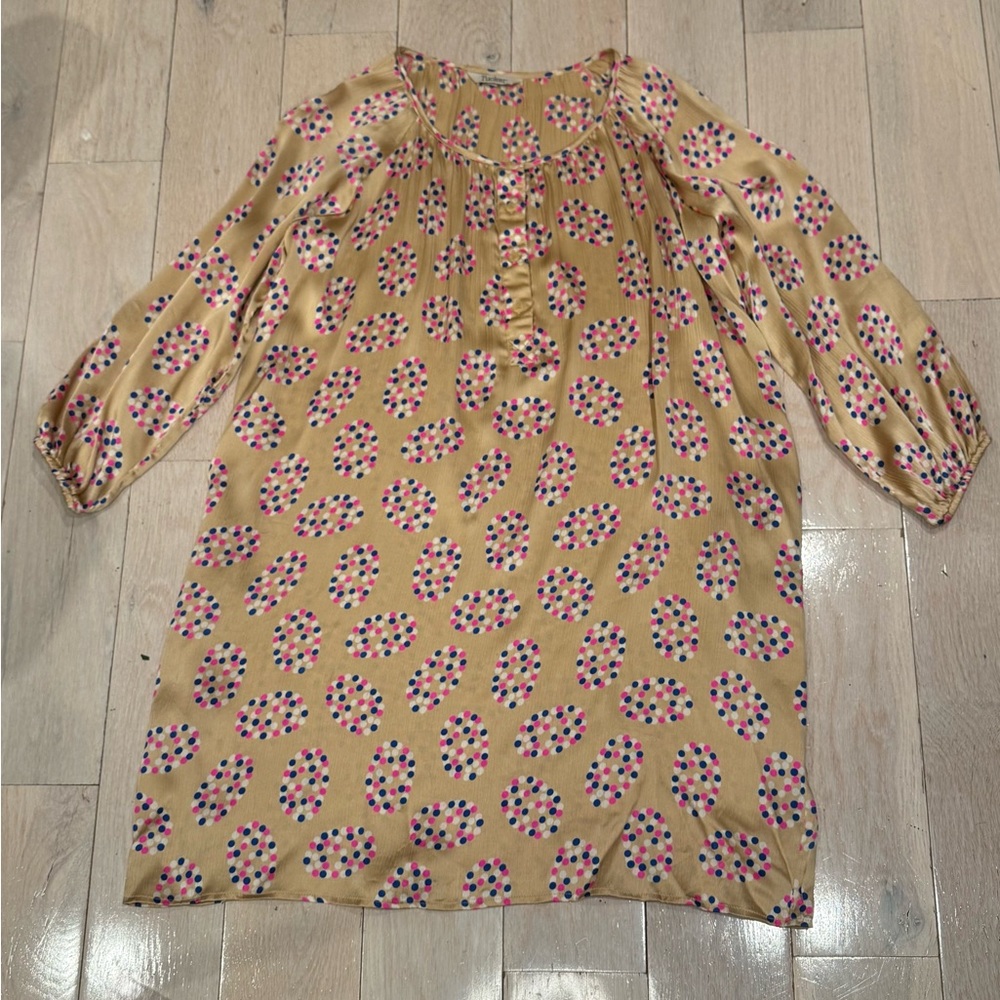 Tucker Silk Dress with Pink, Blue & White Dot Print size XS
